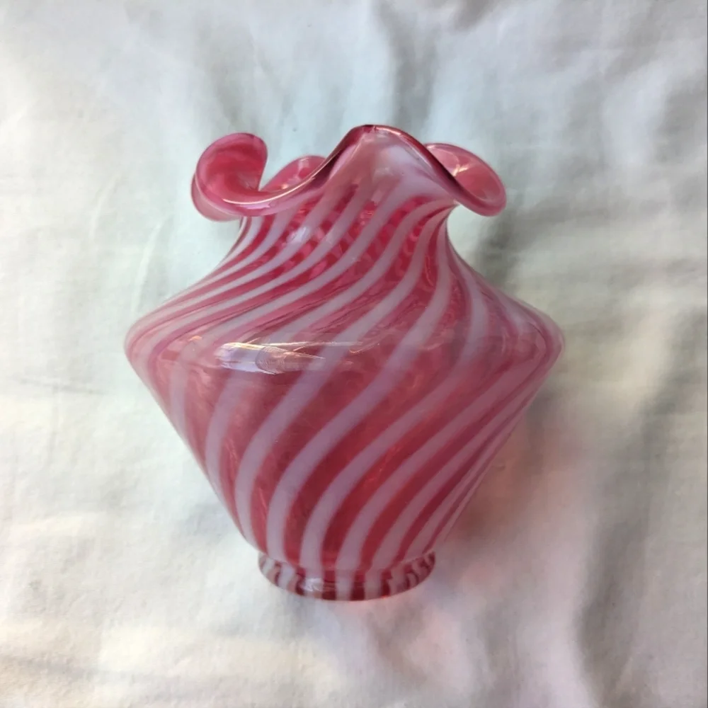 Vintage Cranberry Pink White Candy Cane Handblown Glass Vase Ripple Lip